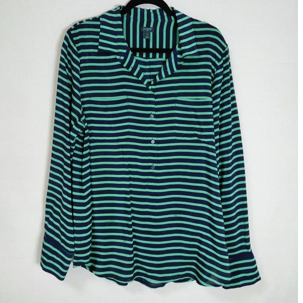 J.Crew 100% Silk Green Lightweight Striped Button-Up Shirt Women Size XL